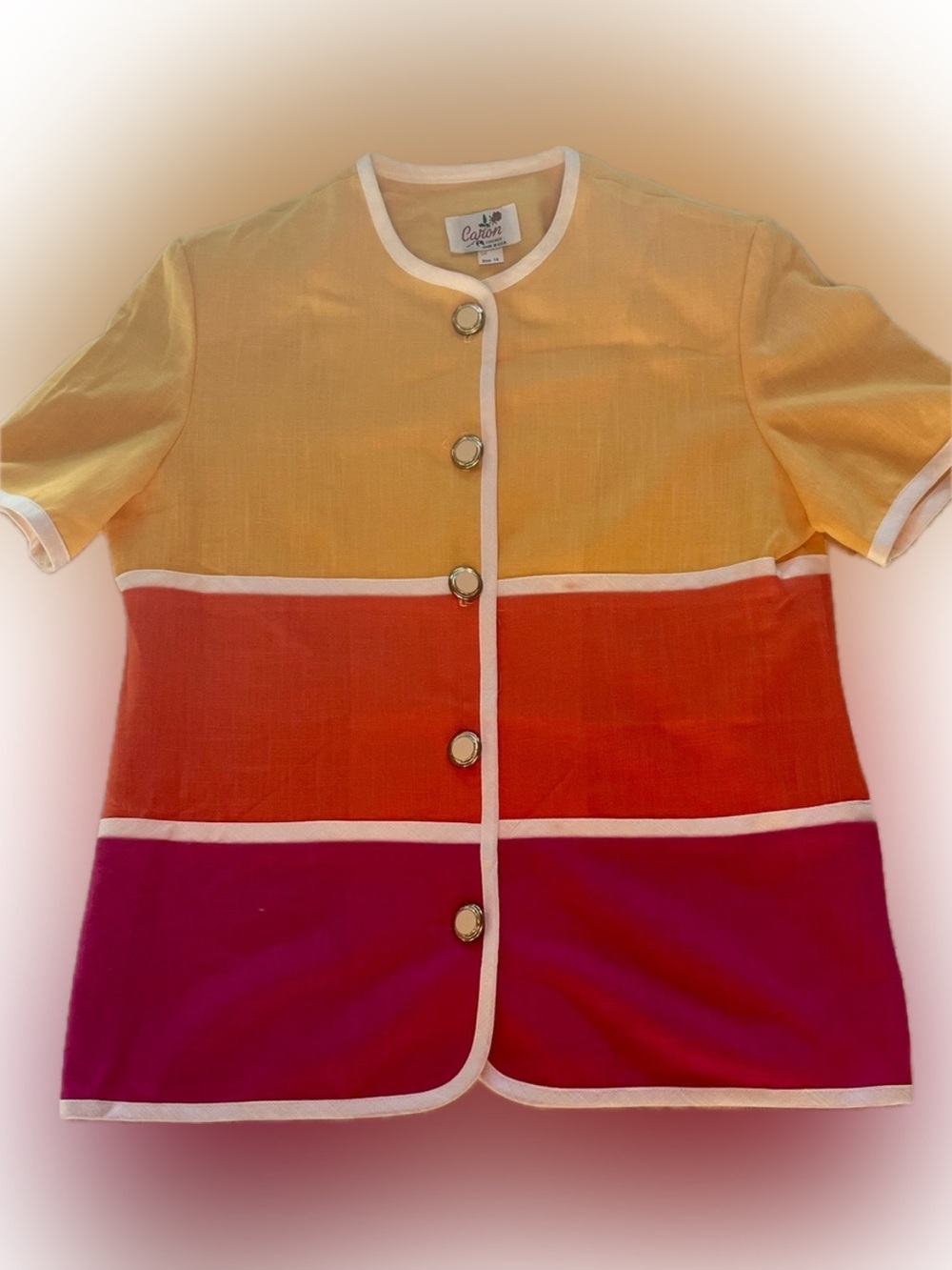 Vintage Caron Chicago Colorblock Button Up Shirt Top Sunset Mod L Large Sunrise